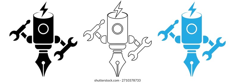 Personaje inspirador del robot de la pluma para la innovación creativa, Ilustración vectorial linda del gráfico del lápiz del personaje del robot de la historieta en el fondo blanco