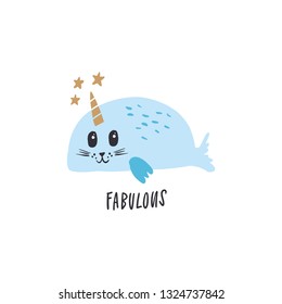 Inspiring picture. Fabulous text. Vector nursery lettering doodle poster and postcard with unicorn seal in scandinavian style, children illustration, cute animals art