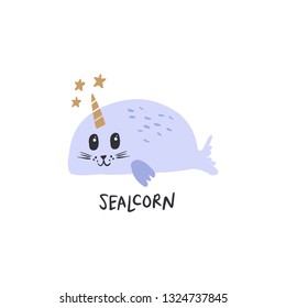 Inspiring picture. Sealcorn text. Vector nursery lettering doodle poster and postcard with cute unicorn seal in scandinavian style, children illustration, cute animals art