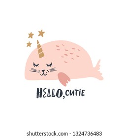 Inspiring picture. Vector nursery lettering doodle poster and postcard with cute unicorn seal in scandinavian style, children illustration, cute animals art
