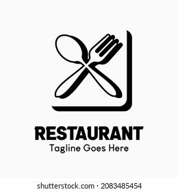 Inspiring restaurant vector logo. Abstract creative logotype. spoon and fork icon in black and white box. Classic, vintage and modern logo illustration. Business company logo template.