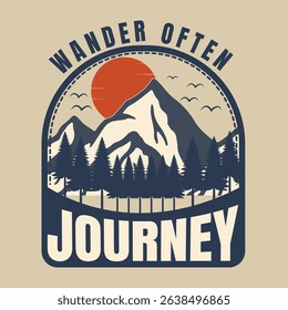Inspiring Retro Mountain Journey Design. A vintage-style graphic design featuring a majestic mountain range a vibrant sunset and the word JOURNEY The artwork evokes a sense of adventure explorat