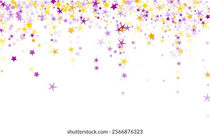 Inspiring stars outburst vector background. Birthday decor elements in purple yellow colors. Fireworks star shapes pattern. Joy concept. Cosmic shimmer.