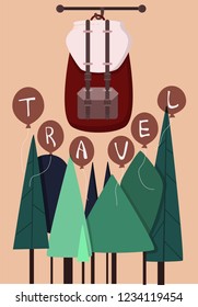 Inspiring for trip postcard with backpack, trees, balloones with letters. Cartoon vector illustration