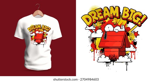 Inspiring t-shirt vector artwork featuring a whimsical scene atop a stylized roof setting, surrounded by dreamy cloud puffs, uplifting comic-style typography, floating stars, and warm expressive 