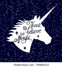 Inspiring unicorn silhouette head on falling snow background. Vector unicorn magic head silhouette, dream fantasy and inspirational lettering illustration