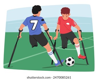 Inspiring Vector Sports Scene, Two Young Amputee Athletes Engaged In Soccer Match, Demonstrating Determination And Teamwork Spirit. Disabled Children Overcoming Physical Challenges Through Sports