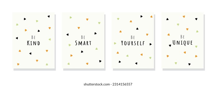 Inspiring wall art for kids, promoting kindness, intelligence, individuality, and uniqueness. Colorful minimal triangle pattern design as the backdrop.