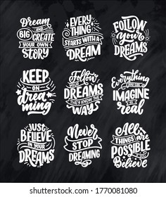 InspSet con citas inspiradoras sobre el sueño. Ilustraciones pintadas a mano con letras. Dibujo para impresiones en camisetas y bolsas, papeleras o afiches. Vector