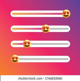 Insta emoji slider. Yellow face icon. Love emoticon with hearts.love emoji. Love level slider. Feedback  poll. Vector feedback survey template.  svg