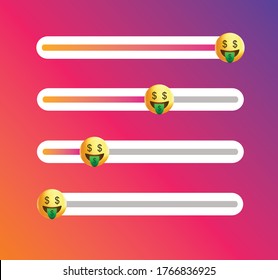 Insta emoji slider. Yellow face icon. Money emoticon. Dollar emoji. Emoticon level slider. Feedback poll. Vector feedback survey template. 