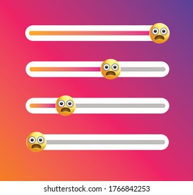 Insta emoji slider. Yellow face icon. Shocked emoticon. surprised emoji. Emoticon level slider. Feedback poll. Vector feedback survey template. 