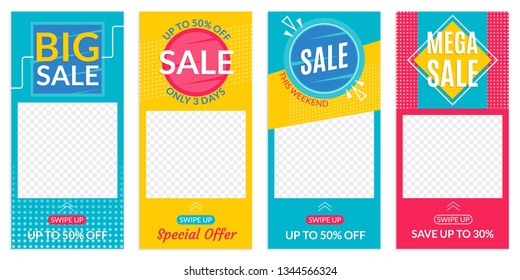 Insta Stories Sale Banner Design Templates. Discount Frames For Smartphone Story. Social Media Layout With Swipe Up Button. Special Offer And Price Off Coupon. Vector Illustration.