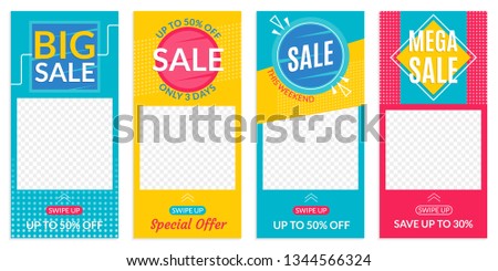 Insta Stories Sale banner design templates. Discount Frames for Smartphone story. Social Media layout with Swipe Up button. Special offer and Price off coupon. Vector illustration.