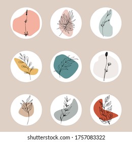 Insta Story Simple Line Style. Instagram Basic Stories Covers Plants Line Icons.For The Photographer, Fashion Blogger, Pilates Studio,beauty Salon.A Set Of 9 Highlights Covers.Editable Vector On White