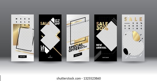 Insta Story Template Sale Mobile App Page Onboard Screen Set. Modern Silver Black Idea for Design. Social Media Background Website or Web Page. Flat Cartoon Vector Illustration