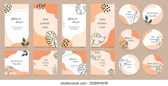 Insta story templates and highlights covers vector set. Social media background design with floral and hand drawn organic shapes textures. Abstract minimal trendy style wallpaper. Vector illustration.