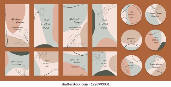 Insta story templates and highlights covers vector set. Social media background design with floral and hand drawn organic shapes textures. Abstract minimal trendy style wallpaper. Vector illustration.