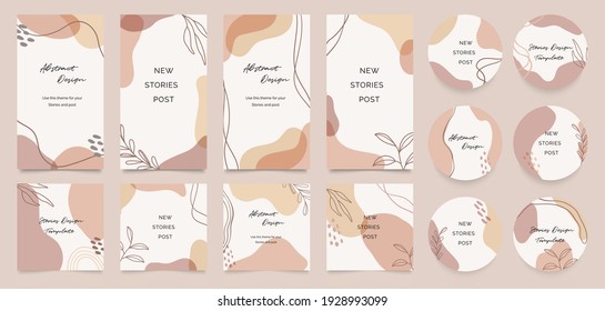 Insta story templates and highlights covers vector set. Social media background design with floral and hand drawn organic shapes textures. Abstract minimal trendy style wallpaper. Vector illustration.