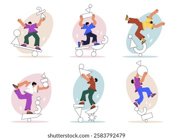 Instability. Business concept illustrations of risk theme abstract flat figures balancing on shapes recent vector danger and risky situations problems