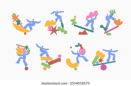 Instability concept set. Unstable figures, shapes. Risky people in unsteady life. Equilibrium problem, balance and harmony crisis, risk. Colored flat vector illustration isolated on white background