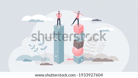 Instability and lack of balance as business collapse risk tiny person concept. Uncertainty and fragile company management style with control loss and not stable financial support vector illustration.