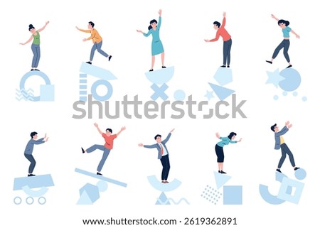 Instability. People stand on abstract geometric shapes and keep balance and searching stability. Disorder in life, imbalance, falling risk, insecurity recent vector set