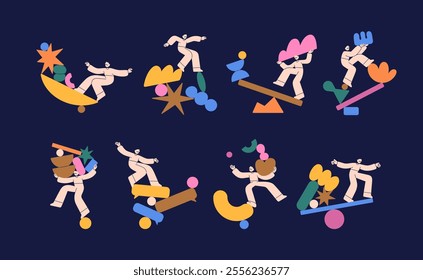 Instability and risk concept. People balancing on unstable insecure abstract geometric shapes. Imbalance, danger, unsteady risky insecurity, equilibrium problem. Isolated flat vector illustrations