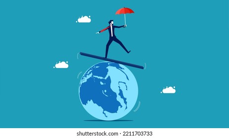 instability of the world. businessman stands in an unstable world. vector illustration