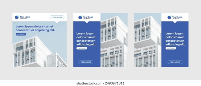 instagram architecture building banner poster template social media real estate carousel slider mortgage design square ui size simple minimal flat design templates blue white gray color vector