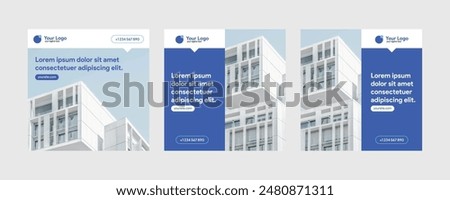 instagram architecture building banner poster template social media real estate carousel slider mortgage design square ui size simple minimal flat design templates blue white gray color vector