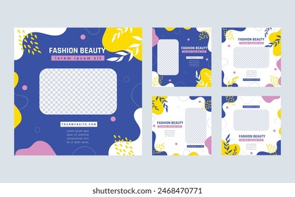 instagram beauty salon cosmetics post template fashion slider carousel social media banner design blue pink yellow color floral flowers leaves background square size flat minimal vector illustration