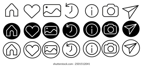 Instagram collection icon set. Social media icon like, icons, Instagram UI app interface icon set. Home, search, reel, heart shaped like, camera roll and share