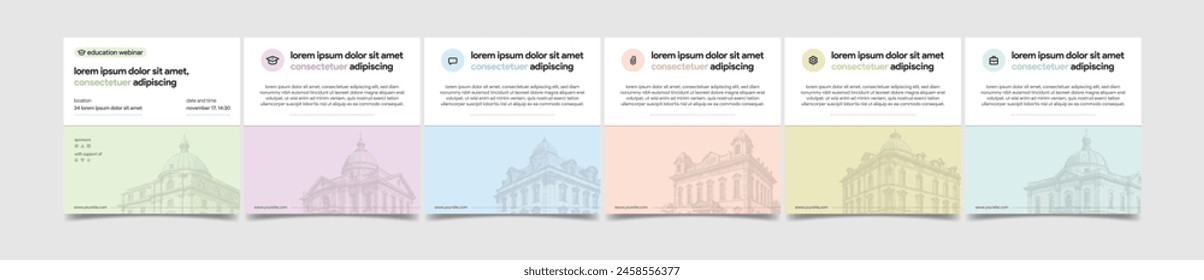 instagram education slider carousel post template school university social media banner webinar poster web seminar summit green blue pink red yellow colorful design flat simple square size vector