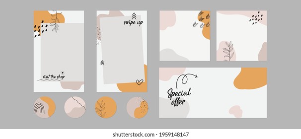 Instagram, Facebook Social Media Blog Story Post Feed Ad Template And Highlights. Abstract Minimal Organic Floral Shapes Trendy Vector Background Layouts. For Beauty, Cosmetics, Fashion, Spa, Food.
