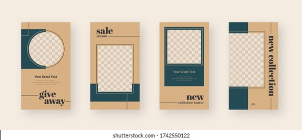Instagram, Facebook or Whatsapp Story Template or Frame with Geometric Shapes. Modern Social Media Story Templates. Sale, New Collection, Season Sale, Interview and Giveaway. Vector Template