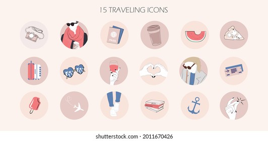 Instagram Highlight Cover Icons And Web Button Template. Minimal Simple Feminine Social Media Logo With Infographic For Fashion, Travel, Beauty, Tourism, Lifestyle Make Up. In Nude Rose Pink Blue