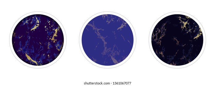 Instagram Highlight covers backgrounds. Set of marble design templates. Blue, purple, gold and ultramarine colors. Use as a backdrop for icons, text or your personal design.