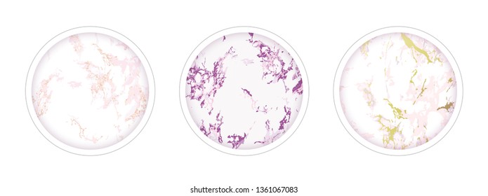 Instagram Highlight covers backgrounds. Set of marble design templates. White, pink and gold colors. Use as a backdrop for icons, text or your personal design.