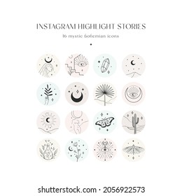 Instagram Highlight Story Templates. Crescent And Stars, Branch, Sacred Astrology, feminine art, Boho Symbols, elegant girl, line drawing sculpture.