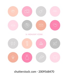 Instagram Highlights cover icons. Pink for girls.  Abstract. Fashion and style. Vector. Isolated on a white background.