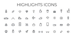 Instagram Highlights Icon. Stories Covers Line Icons. Perfect For Bloggers. Set Of 40 Highlights Covers. Fully Editable Vector File.
