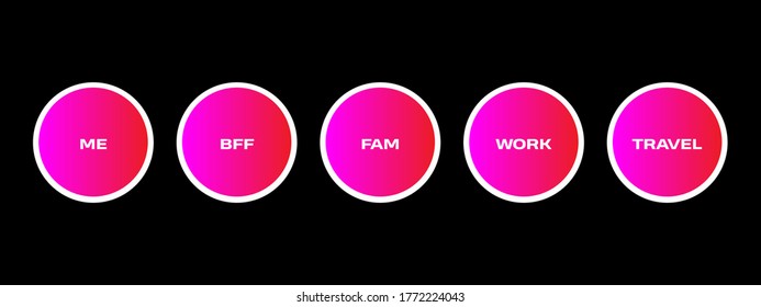 Instagram Highlights Icons. Digital Gradient Highlights Icons For Bloggers. Instagram Profile Icons. Vector Illustrations On White Background. Me, BFF, Family, Work, Travel