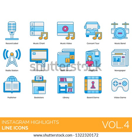 Instagram highlights icons including record label, music chart, video, concert tour, band, radio station, TV channel, book series, magazine, newspaper, publisher, bookstore, library, board game.