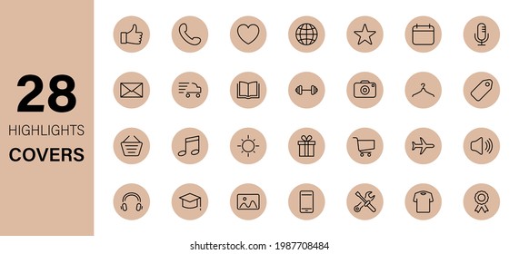 Instagram Highlights Line Icon Set. Stories Covers Icons. Highlights for Lifestyle, Travel and Beauty Bloggers, Photographers and Designers. Outline Pictogram for Social Media. Vector illustration