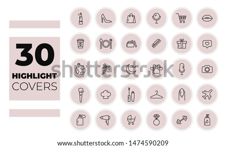 Instagram Highlights Stories Covers. Editable line icons. Make up, fashion, travel, pets, baby icons. Vector
