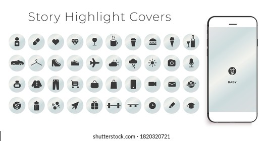 Instagram Highlights Stories Covers Icons. Perfect for bloggers. Set of 40 highlights covers. Fully editable vector file.
