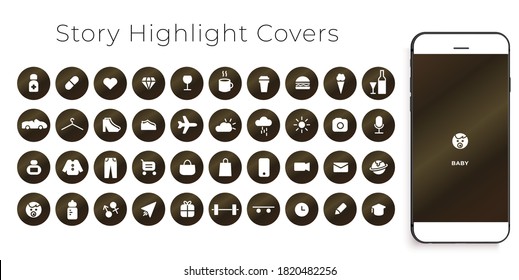 Instagram Highlights Stories Covers Icons. Perfect for bloggers. Set of 40 highlights covers. Fully editable vector file.
