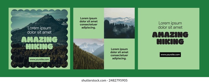 instagram hiking camping trekking environment travel post template hotel booking carousel slider social media banner design green color background minimal flat poster templates vector illustration