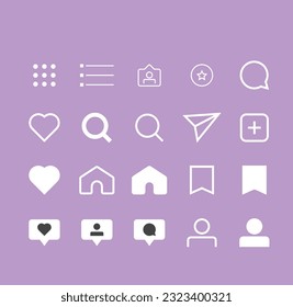 Instagram icon collection, home, profile, like, heart, search, notification